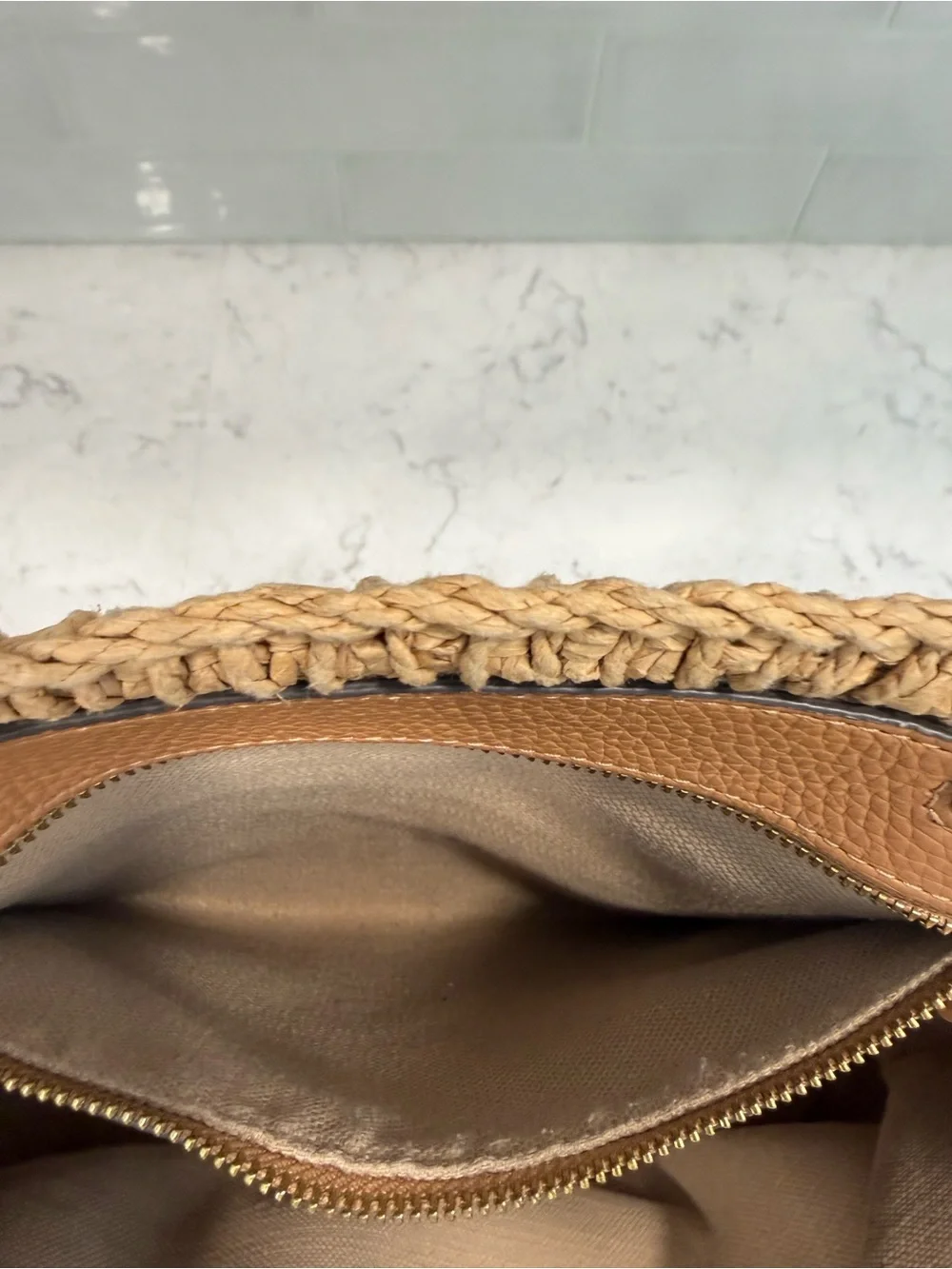 Tory Burch Woven Raffia Tote bag with Leather Tassel Trim in Tan